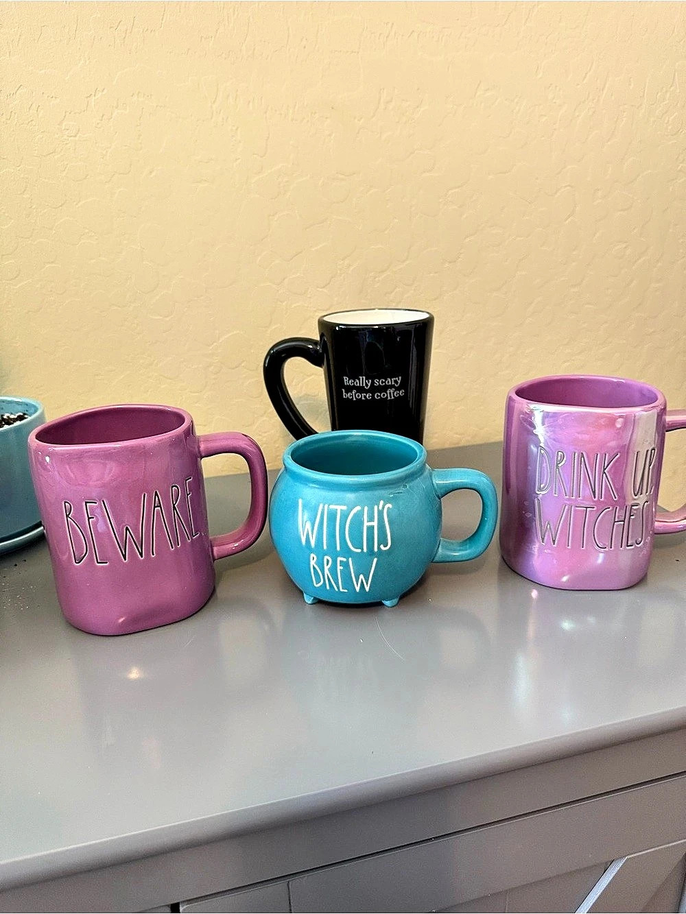 Rae Dunn Drink Up Witches Iridescent Purple Mug and three others